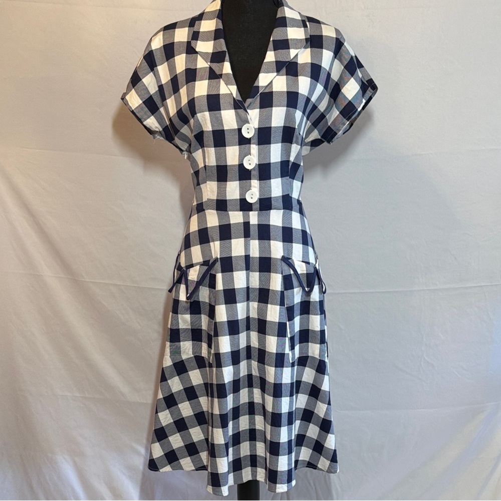 Classic 1950s Navy and White Gingham Dress XL/14